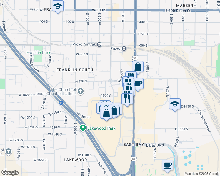 map of restaurants, bars, coffee shops, grocery stores, and more near 933 South 250 West Street in Provo