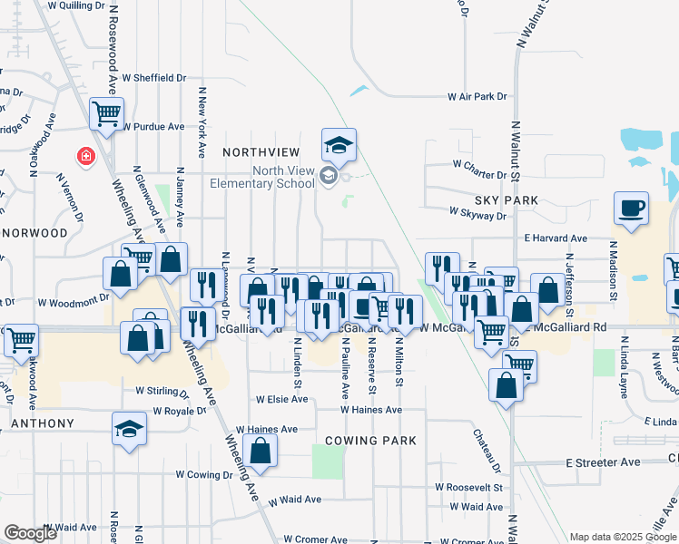 map of restaurants, bars, coffee shops, grocery stores, and more near 801 W Berkley Ave in Muncie