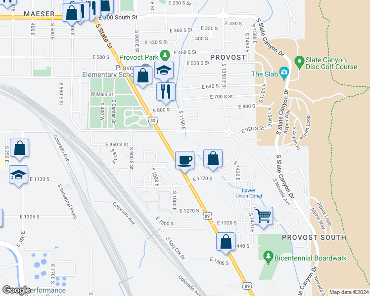 map of restaurants, bars, coffee shops, grocery stores, and more near 1123 East 960 South in Provo