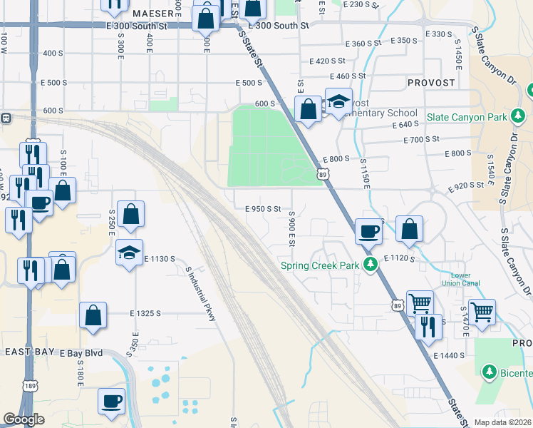 map of restaurants, bars, coffee shops, grocery stores, and more near 808 East 950 South Street in Provo