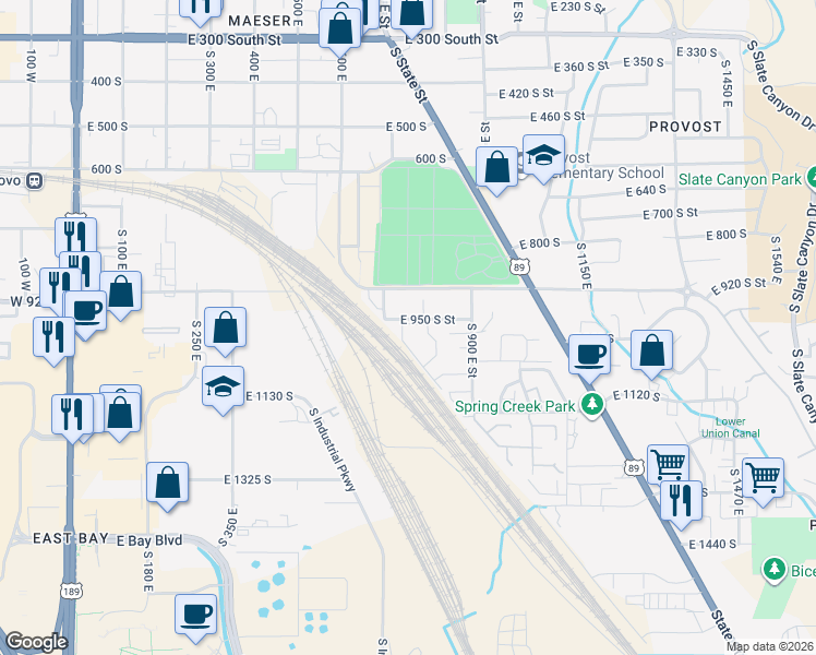 map of restaurants, bars, coffee shops, grocery stores, and more near 808 East 950 South Street in Provo