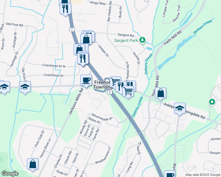 map of restaurants, bars, coffee shops, grocery stores, and more near in Freehold Township