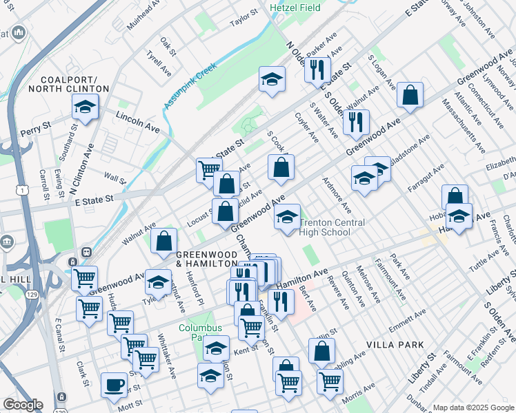 map of restaurants, bars, coffee shops, grocery stores, and more near 832 Greenwood Avenue in Trenton
