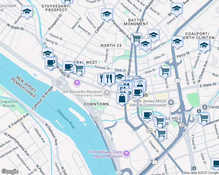 map of restaurants, bars, coffee shops, grocery stores, and more near 120 West State Street in Trenton