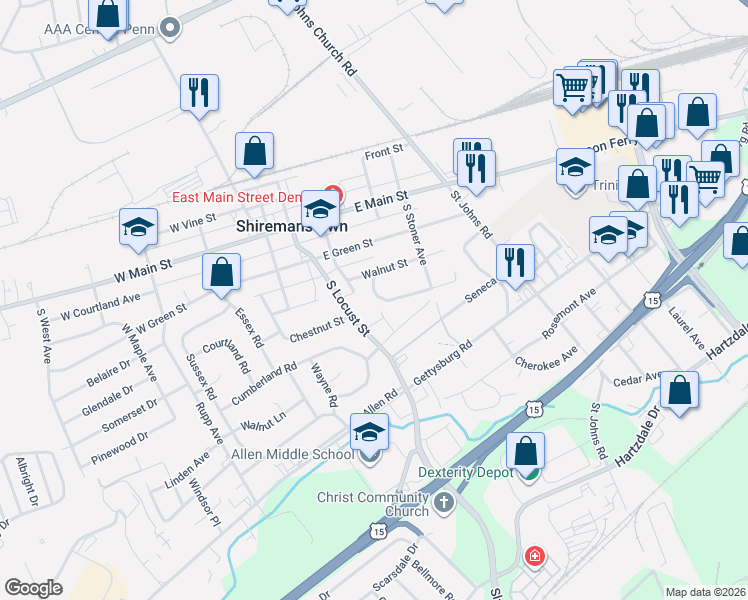 map of restaurants, bars, coffee shops, grocery stores, and more near 304 Walnut Cir in Shiremanstown