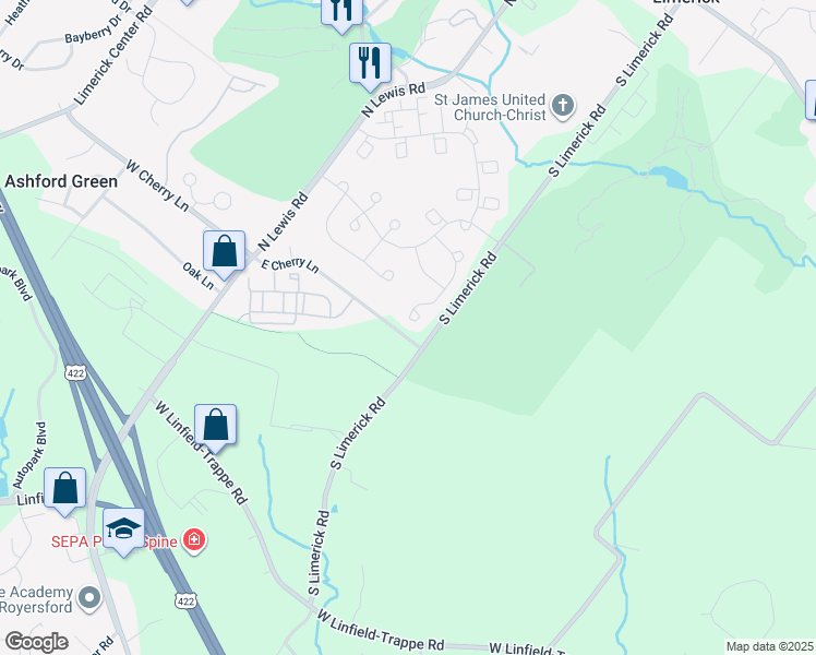 map of restaurants, bars, coffee shops, grocery stores, and more near 77 Victory Way in Royersford