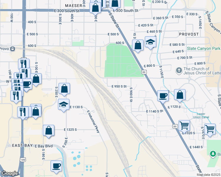map of restaurants, bars, coffee shops, grocery stores, and more near 966 Eastgate Drive in Provo