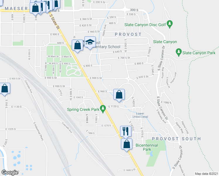 map of restaurants, bars, coffee shops, grocery stores, and more near 942 1230 East in Provo