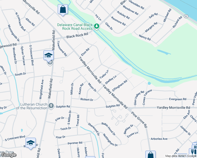 map of restaurants, bars, coffee shops, grocery stores, and more near 1702 Pierce Way in Yardley