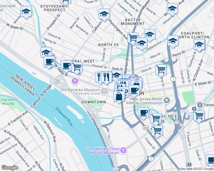map of restaurants, bars, coffee shops, grocery stores, and more near 120 West State Street in Trenton