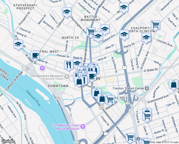 map of restaurants, bars, coffee shops, grocery stores, and more near 32 East Hanover Street in Trenton