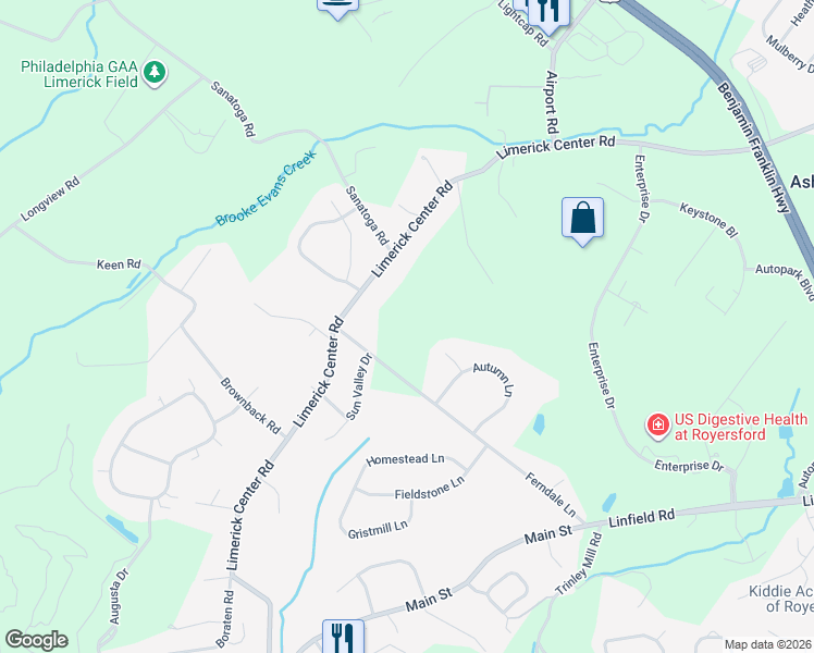 map of restaurants, bars, coffee shops, grocery stores, and more near 110 Ferndale Lane in Linfield