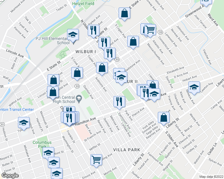 map of restaurants, bars, coffee shops, grocery stores, and more near 327 Cuyler Avenue in Trenton