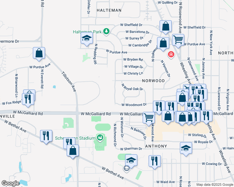 map of restaurants, bars, coffee shops, grocery stores, and more near 3500 N Vienna Woods Dr in Muncie