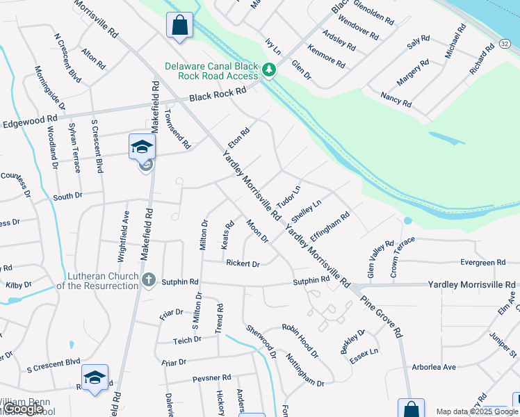 map of restaurants, bars, coffee shops, grocery stores, and more near 1609 Yardley Morrisville Road in Yardley
