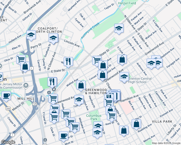 map of restaurants, bars, coffee shops, grocery stores, and more near 137 Walnut Avenue in Trenton