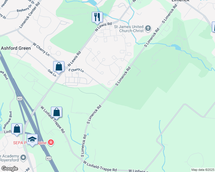 map of restaurants, bars, coffee shops, grocery stores, and more near 77 Victory Way in Royersford