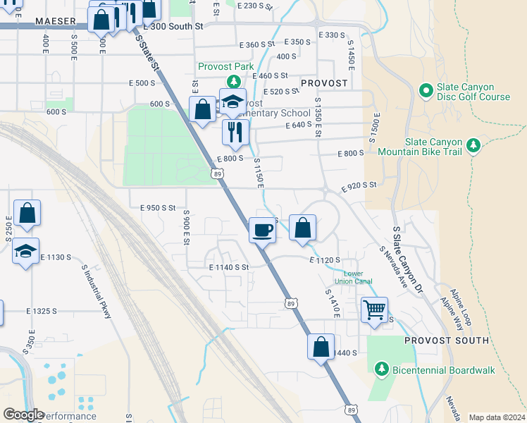 map of restaurants, bars, coffee shops, grocery stores, and more near 1125 East 960 South in Provo