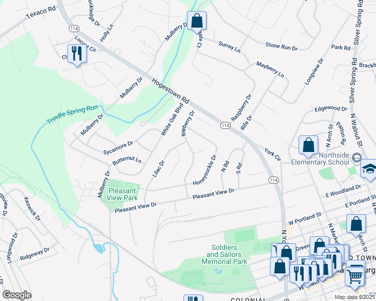 map of restaurants, bars, coffee shops, grocery stores, and more near 34 Bayberry Drive in Mechanicsburg