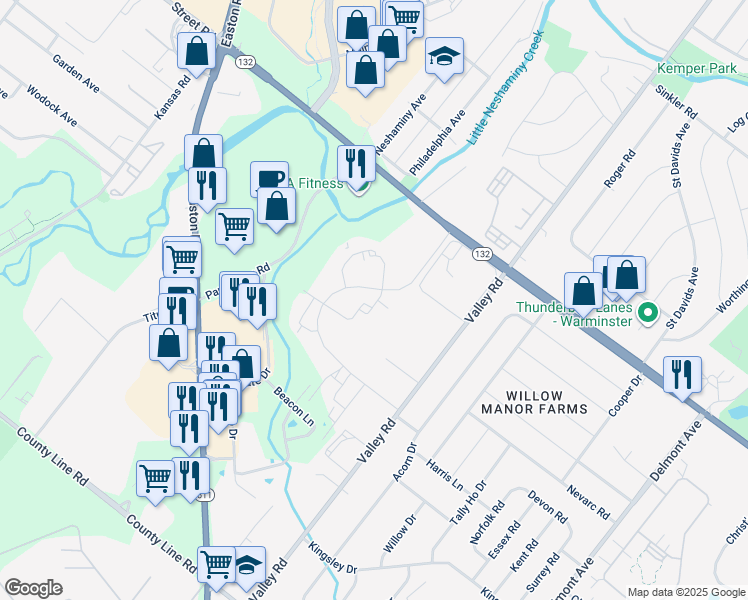 map of restaurants, bars, coffee shops, grocery stores, and more near 233 Sassafras Court in Warrington