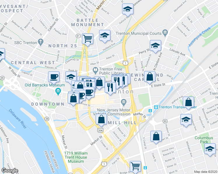map of restaurants, bars, coffee shops, grocery stores, and more near in Trenton