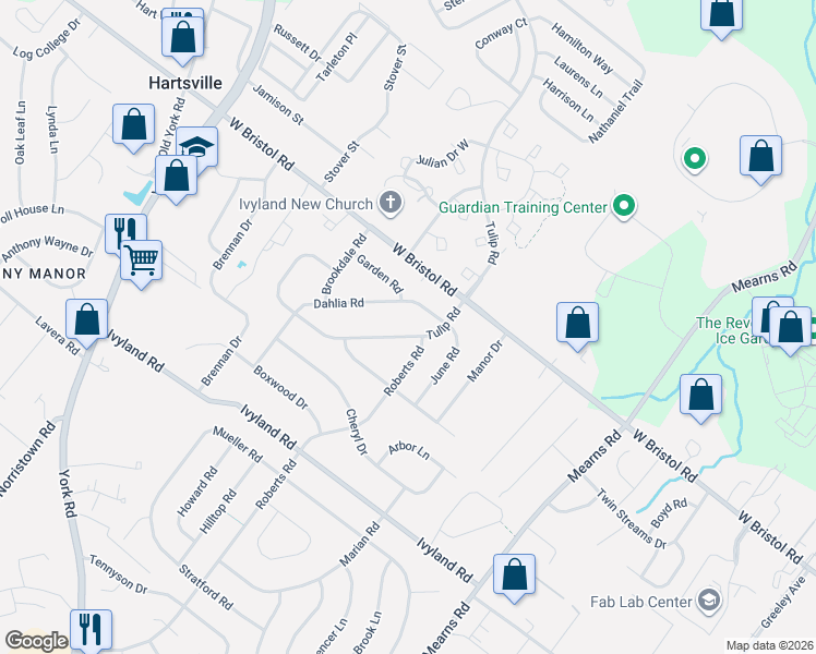 map of restaurants, bars, coffee shops, grocery stores, and more near 1262 Tulip Road in Warminster