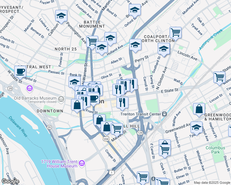 map of restaurants, bars, coffee shops, grocery stores, and more near in Trenton