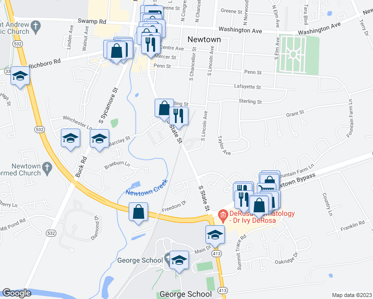 map of restaurants, bars, coffee shops, grocery stores, and more near 509 South State Street in Newtown