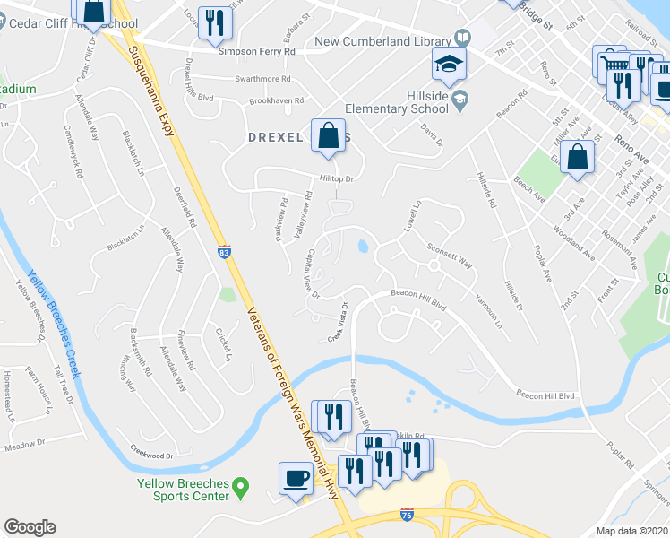 map of restaurants, bars, coffee shops, grocery stores, and more near 1738 Josiah Chowning Way in New Cumberland