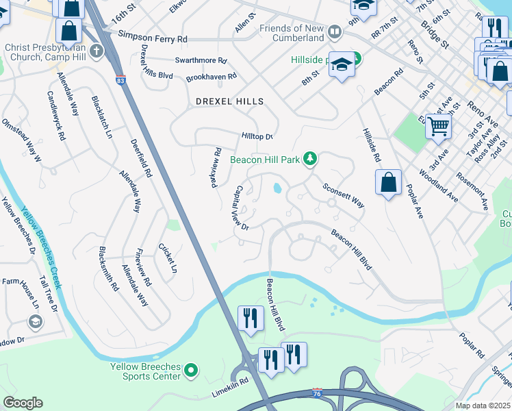 map of restaurants, bars, coffee shops, grocery stores, and more near 1738 Josiah Chowning Way in New Cumberland