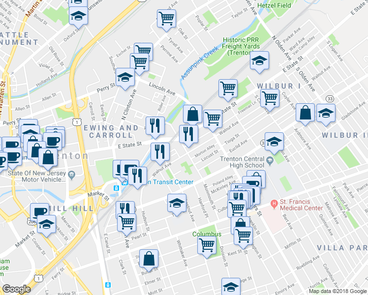 map of restaurants, bars, coffee shops, grocery stores, and more near 351 Monmouth Street in Trenton