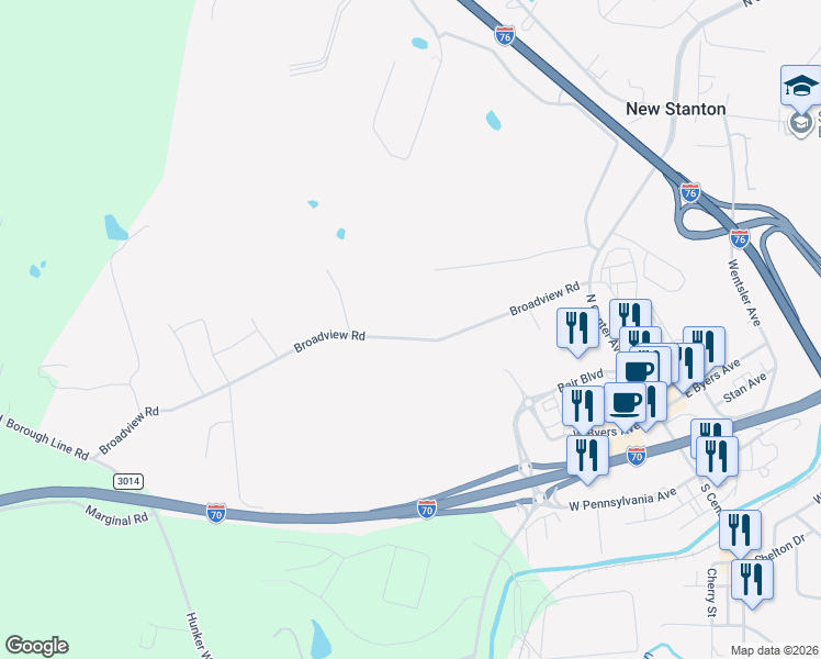 map of restaurants, bars, coffee shops, grocery stores, and more near 182 Broadview Road in New Stanton