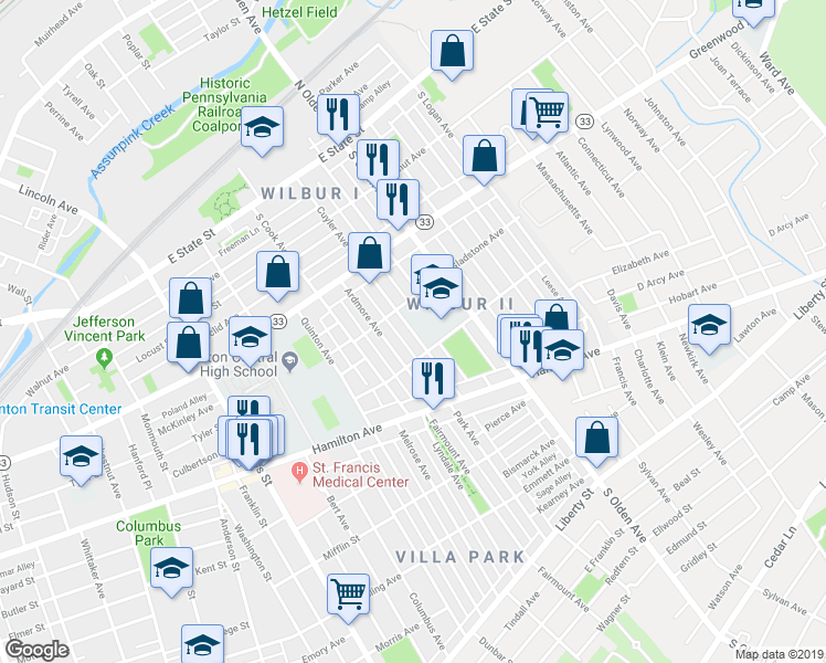 map of restaurants, bars, coffee shops, grocery stores, and more near 300 Cuyler Avenue in Trenton