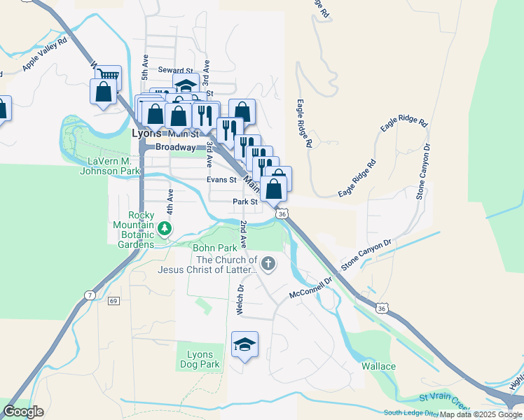 map of restaurants, bars, coffee shops, grocery stores, and more near 103 Park Street in Lyons