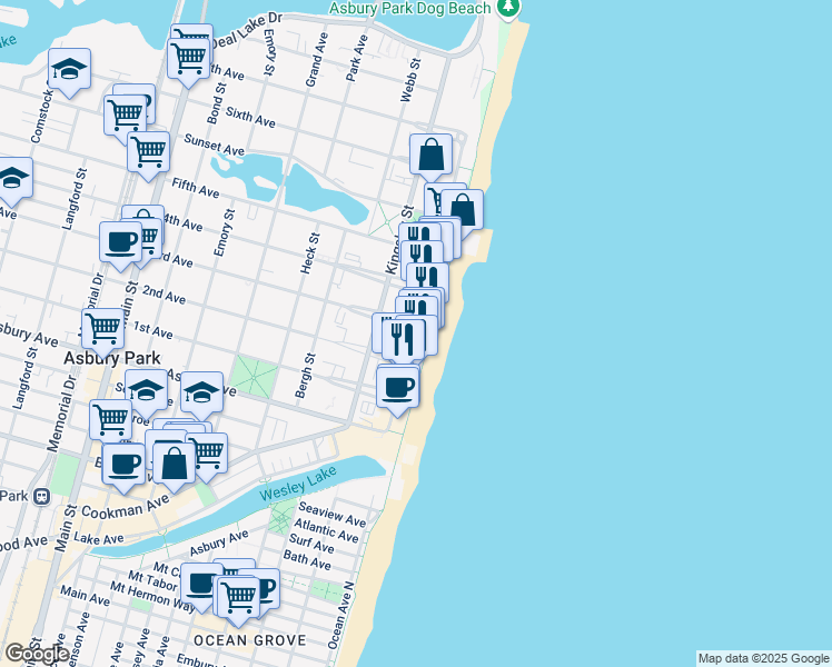 map of restaurants, bars, coffee shops, grocery stores, and more near 1000 Ocean Avenue in Asbury Park