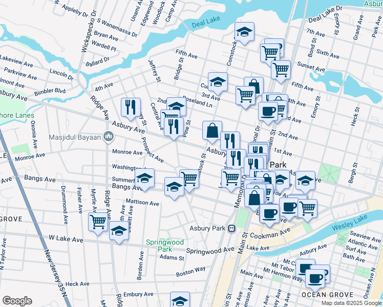 map of restaurants, bars, coffee shops, grocery stores, and more near 1111 Sewall Avenue in Asbury Park