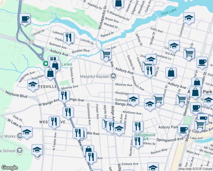 map of restaurants, bars, coffee shops, grocery stores, and more near 539 Myrtle Avenue in Neptune City