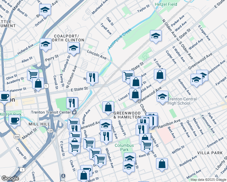 map of restaurants, bars, coffee shops, grocery stores, and more near 325 Monmouth Street in Trenton