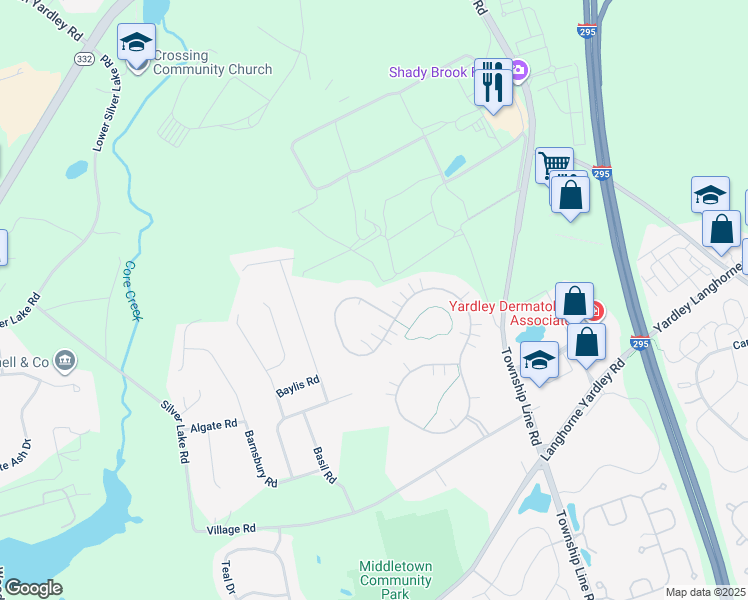 map of restaurants, bars, coffee shops, grocery stores, and more near 381 Shady Brook Drive in Langhorne