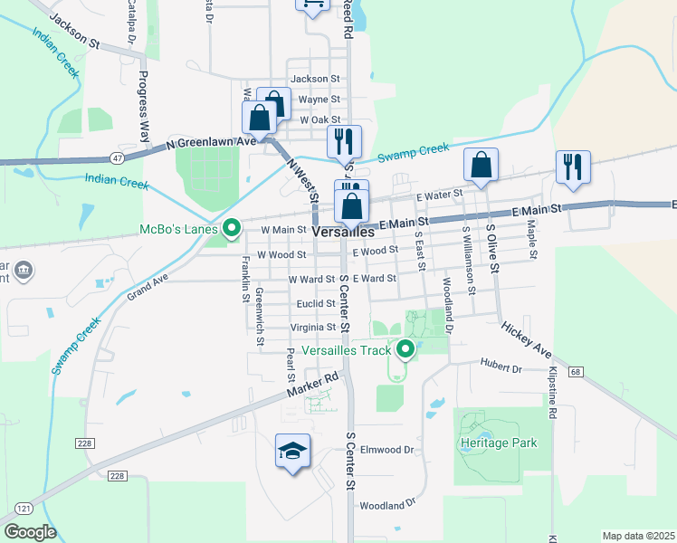 map of restaurants, bars, coffee shops, grocery stores, and more near 148 South Center Street in Versailles