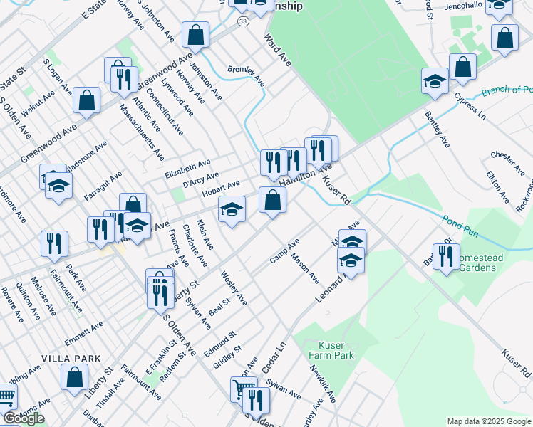 map of restaurants, bars, coffee shops, grocery stores, and more near 2538 Liberty Street in Trenton