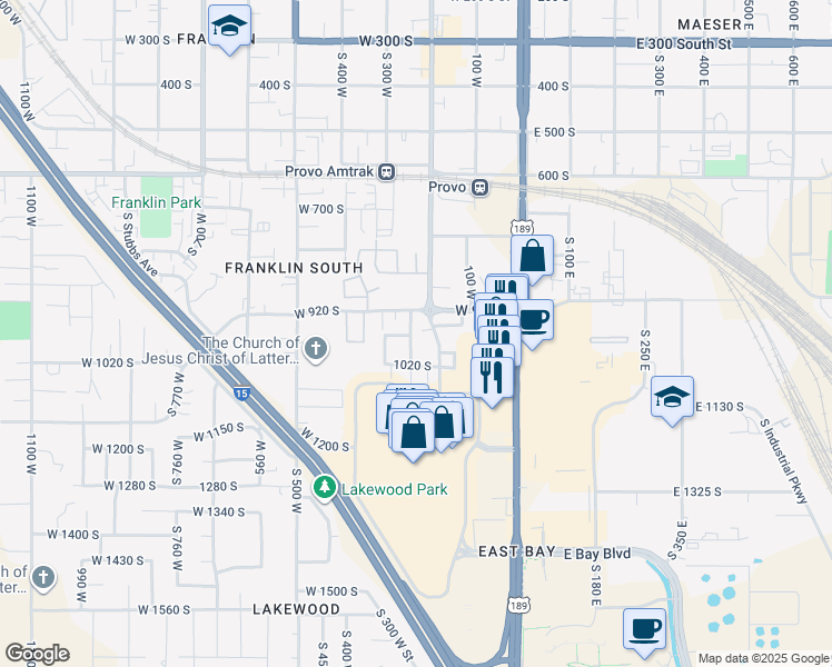 map of restaurants, bars, coffee shops, grocery stores, and more near 953 South 250 West Street in Provo
