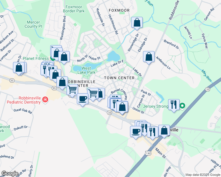 map of restaurants, bars, coffee shops, grocery stores, and more near 1236 Park Street in Robbinsville Township