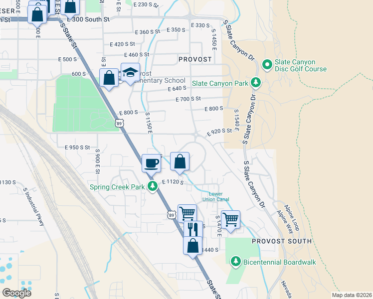 map of restaurants, bars, coffee shops, grocery stores, and more near 1332 Cinnamon Ridge Way in Provo