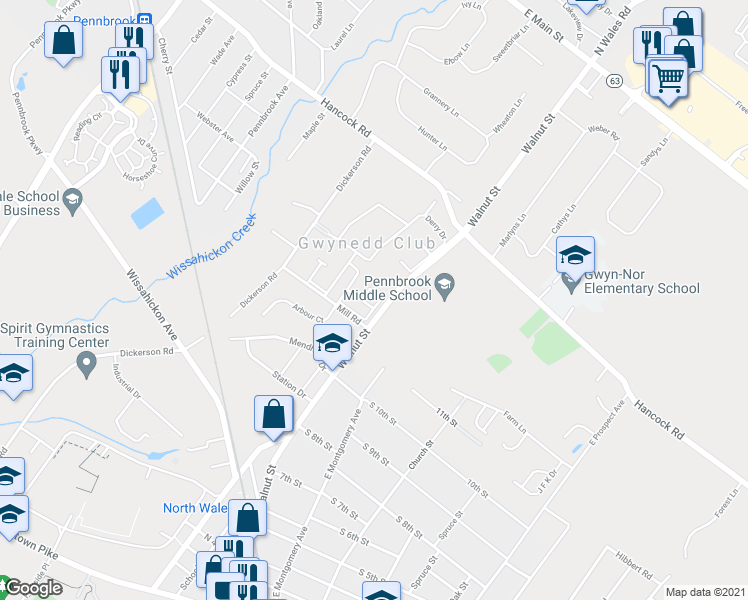 map of restaurants, bars, coffee shops, grocery stores, and more near 231 Arbour Court in North Wales
