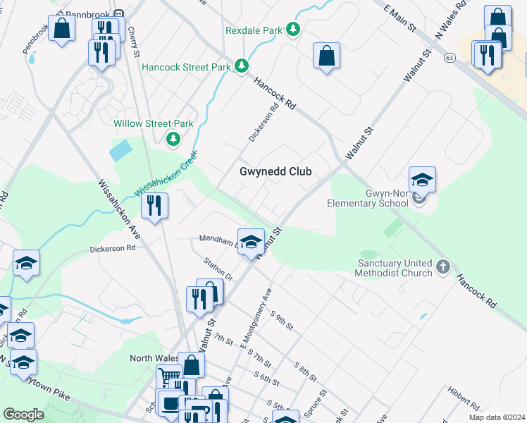 map of restaurants, bars, coffee shops, grocery stores, and more near 206 Arbour Court in North Wales