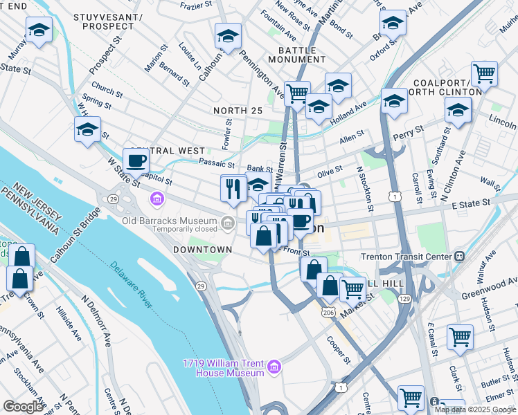 map of restaurants, bars, coffee shops, grocery stores, and more near 31 North Chancery Lane in Trenton