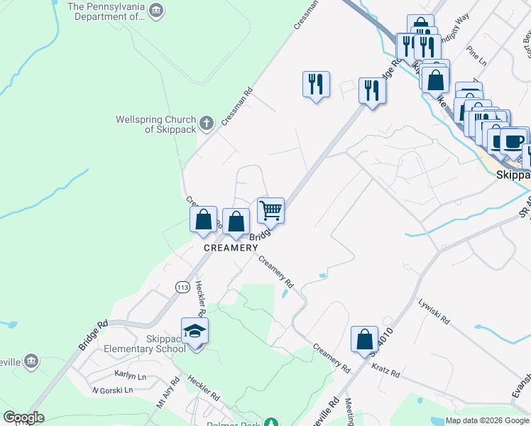 map of restaurants, bars, coffee shops, grocery stores, and more near 4302 Wendy Way in Schwenksville