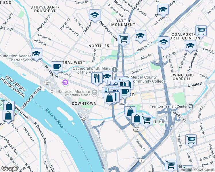 map of restaurants, bars, coffee shops, grocery stores, and more near 31 North Chancery Lane in Trenton