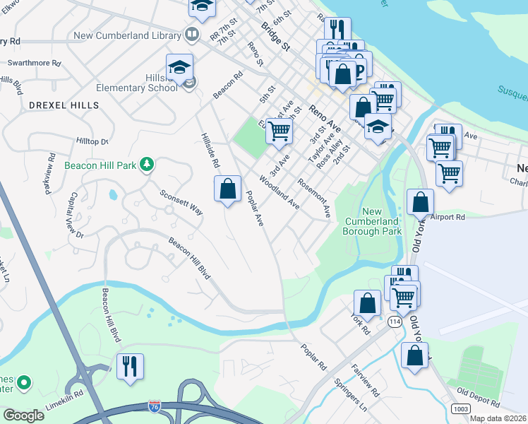 map of restaurants, bars, coffee shops, grocery stores, and more near 900 3rd Street in New Cumberland